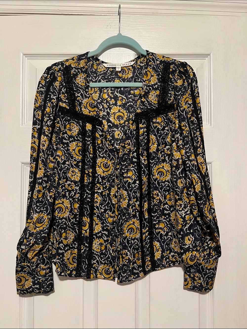 Veronica Beard Black Floral Blouse with Yellow Accents